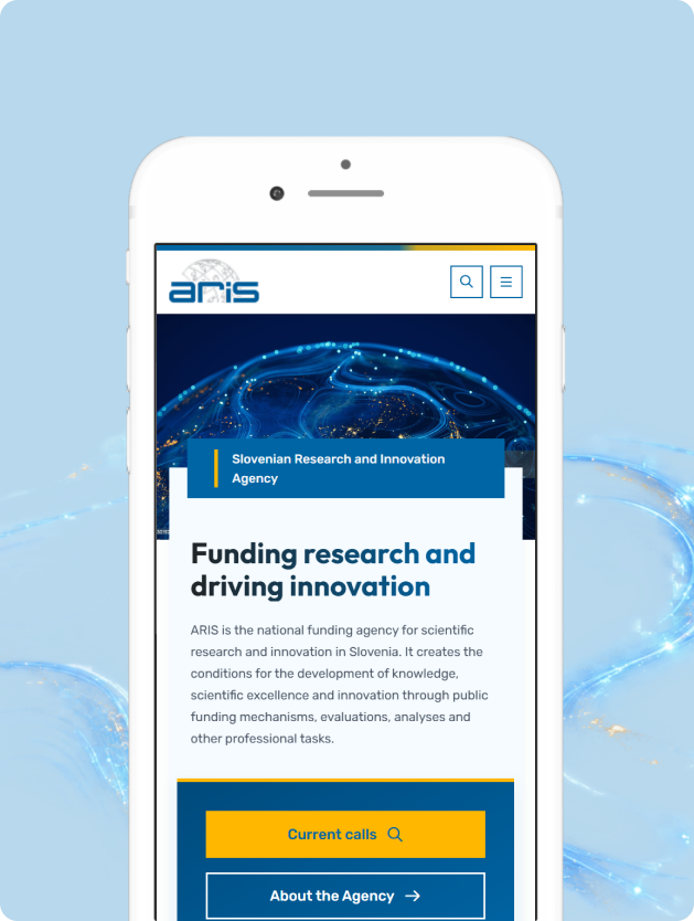 Mobile view of the ARIS homepage showing the agency introduction, the “Funding research and driving innovation” headline, and buttons for current calls and agency information.