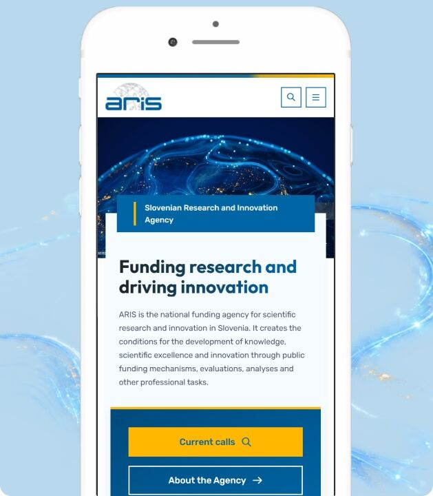 Mobile view of the ARIS homepage showing the agency introduction, the “Funding research and driving innovation” headline, and buttons for current calls and agency information.