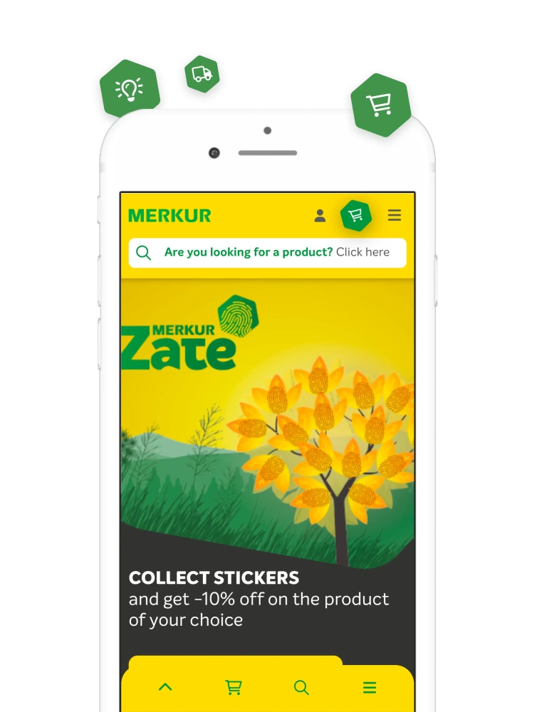 Screenshot of the mobile version of the Merkur online shop. The app focuses on user experience and rewards users for their loyalty with points and discounts.