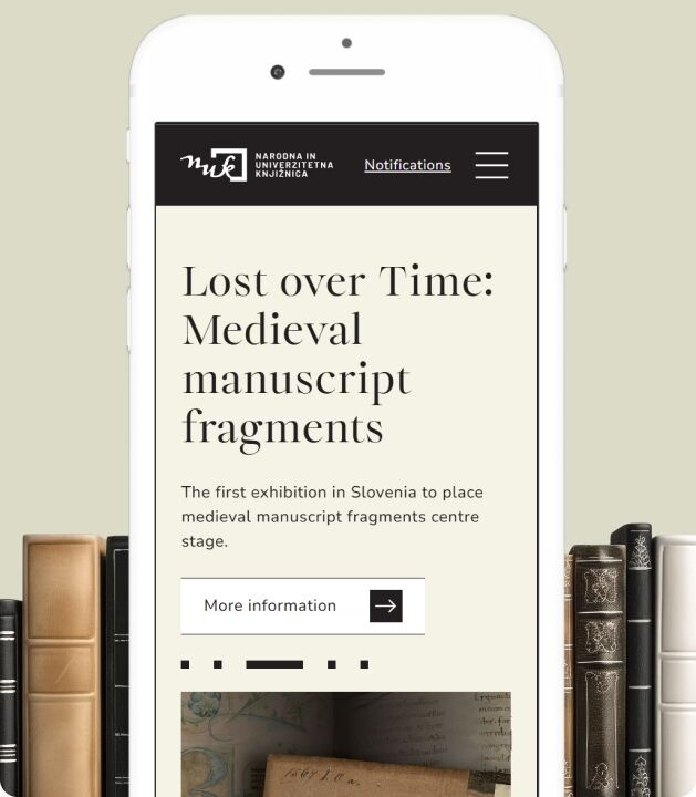 Mobile view of NUK’s website featuring the exhibition “Lost over Time: Medieval Manuscript Fragments.”