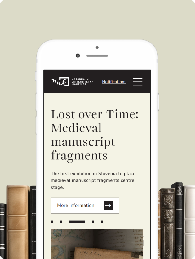 Mobile view of NUK’s website featuring the exhibition “Lost over Time: Medieval Manuscript Fragments.”