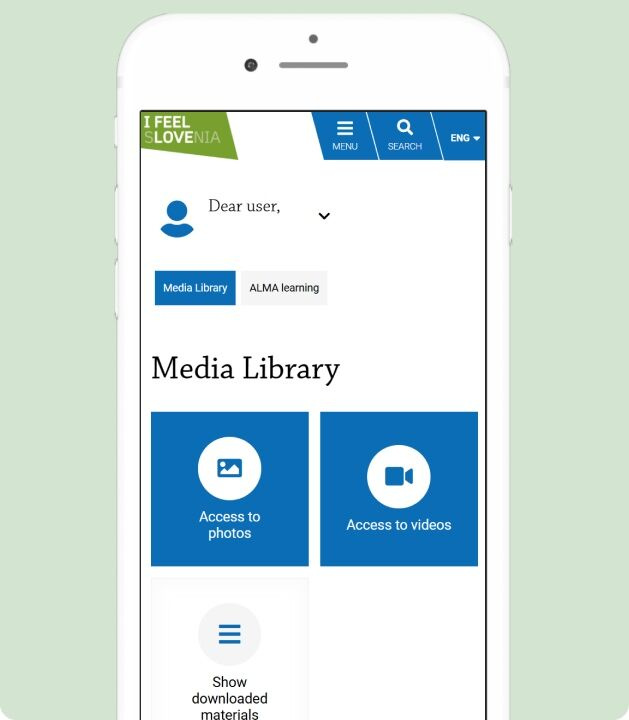 Mobile view of the STO business portal's media library with access to photos, videos and downloaded materials.