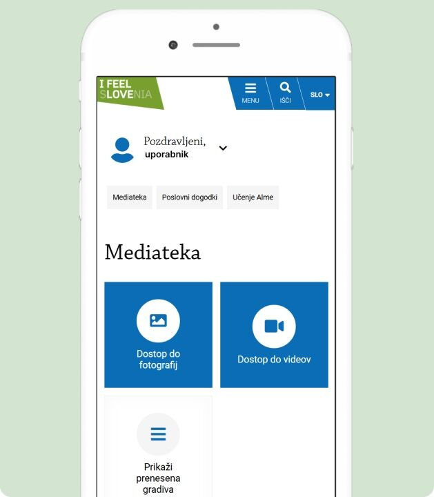 Mobilni prikaz mediateke poslovnega profila STO z dostopom do fotografij in videoposnetkov.
