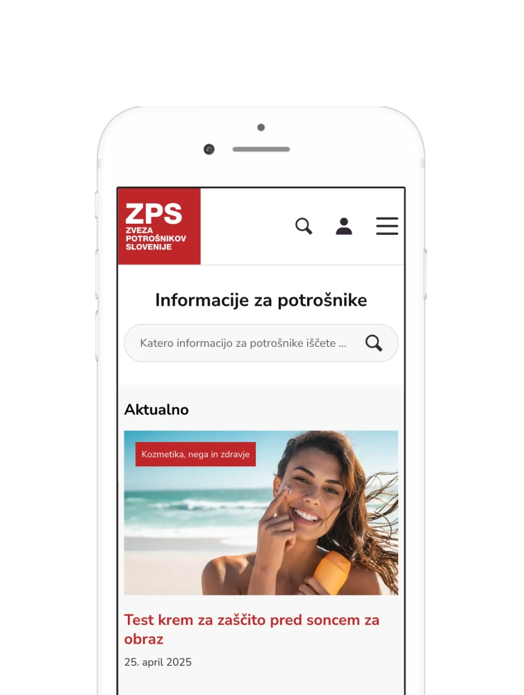Zaslonski posnetek mobilne verzije spletne strani ZPS. Posnetek prikazuje domačo stran spletne strani.