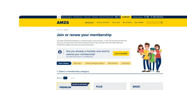 Screenshot of the AMZS website