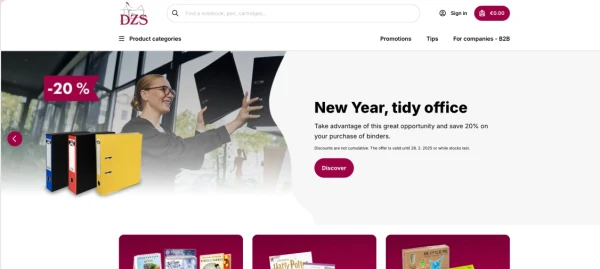 Screenshot of the front page of the DZS online shop
