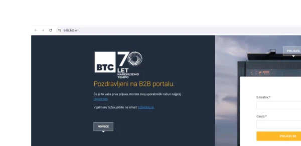 Zaslonski posnetek spletne strani za prijavo na B2B portal BTC