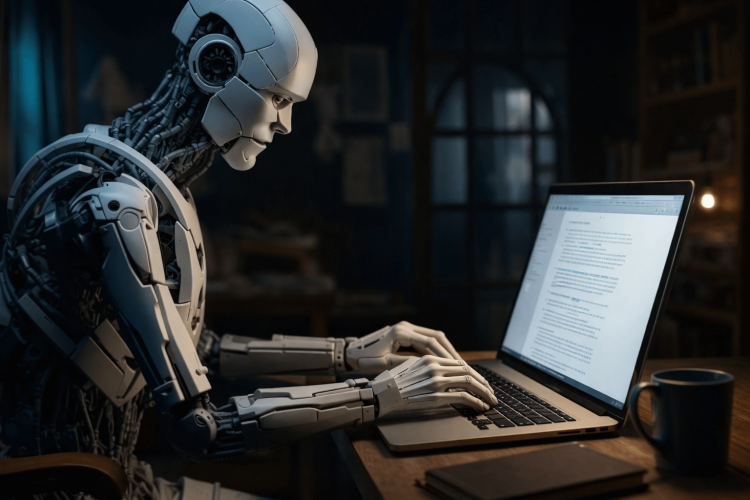 Humanoidni robot sedi za mizo in piše besedilo na prenosnem računalniku, kar ponazarja uporabo umetne inteligence pri ustvarjanju vsebin.