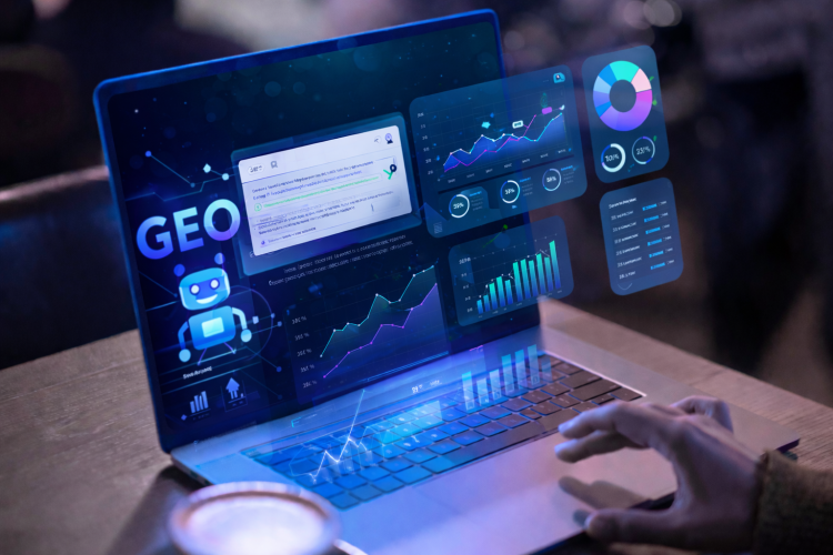Vizualni prikaz GEO optimizacije in analize podatkov za generativne AI iskalnike na prenosnem računalniku.