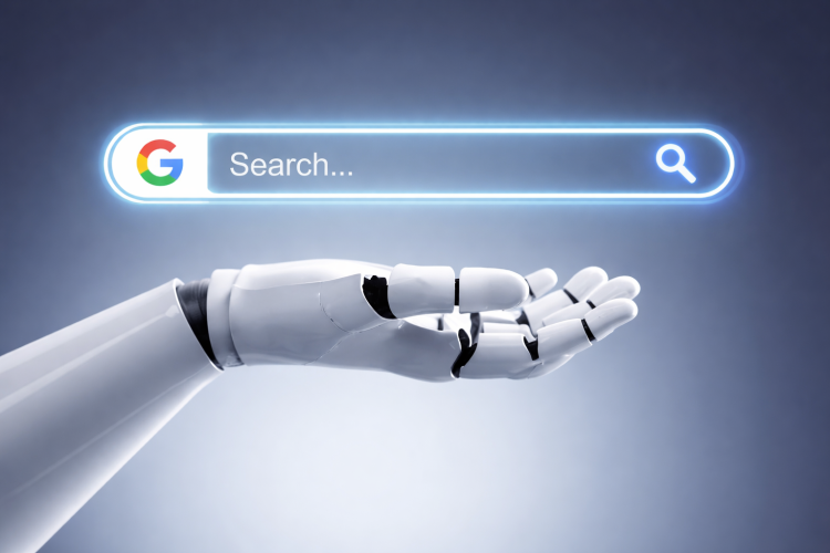 Ilustracija robotske roke, ki drži Google iskalno vrstico, kot simbol umetne inteligence in prihodnosti spletnega iskanja.