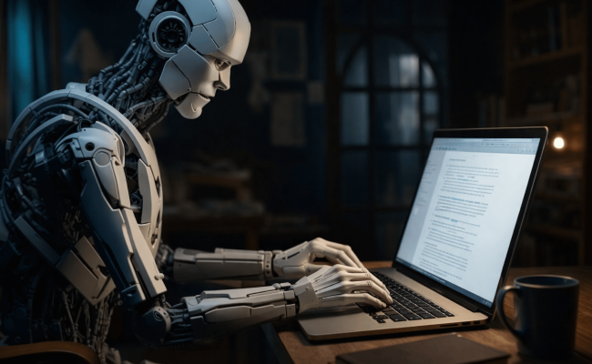 Humanoidni robot sedi za mizo in piše besedilo na prenosnem računalniku, kar ponazarja uporabo umetne inteligence pri ustvarjanju vsebin.