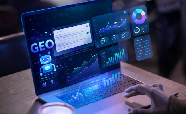 Vizualni prikaz GEO optimizacije in analize podatkov za generativne AI iskalnike na prenosnem računalniku.