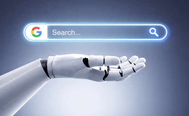 Ilustracija robotske roke, ki drži Google iskalno vrstico, kot simbol umetne inteligence in prihodnosti spletnega iskanja.