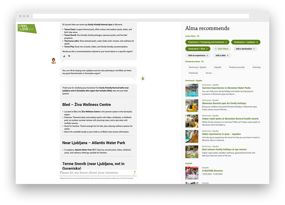 A webpage screenshot of the ALMA English-language travel assistant showing a chat conversation on the left and recommended destinations and experiences on the right.