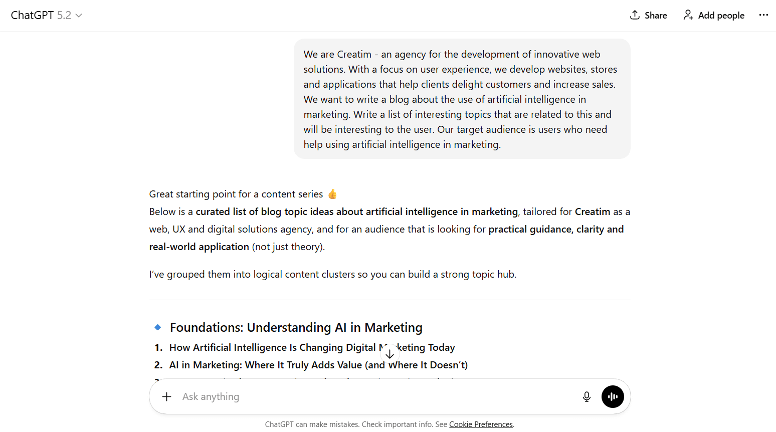ChatGPT interface displaying prepared social media post descriptions for Facebook, Instagram, and LinkedIn.