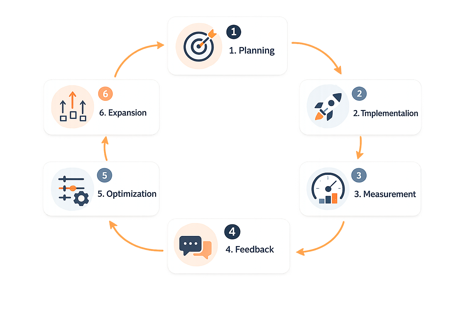 Digital transformation shown as a continuous improvement cycle with six connected phases: planning, implementation, measurement, feedback, optimization and expansion.