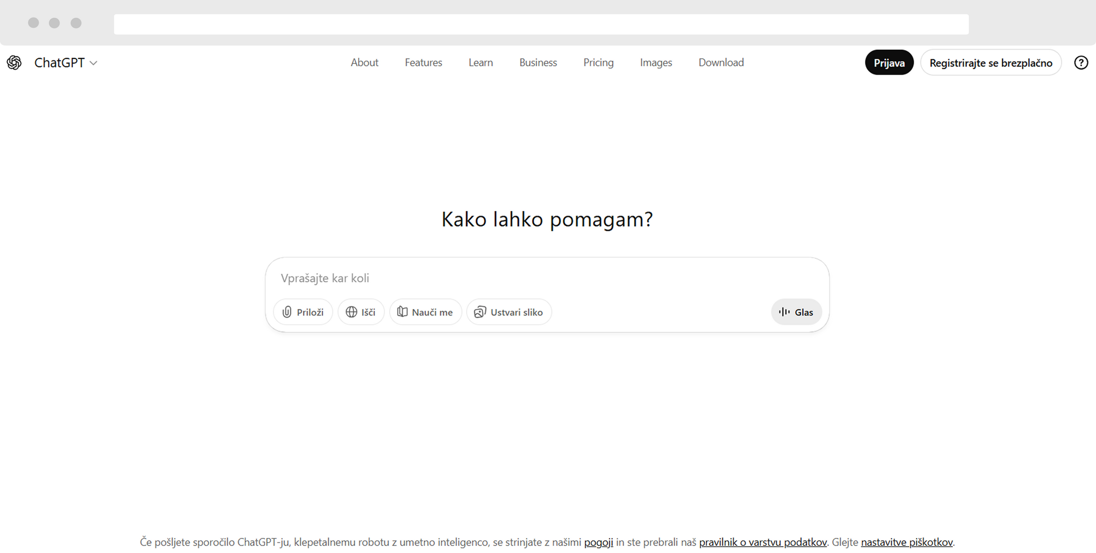 Uporabniški vmesnik ChatGPT za pogovorno iskanje informacij in generiranje besedil z umetno inteligenco.