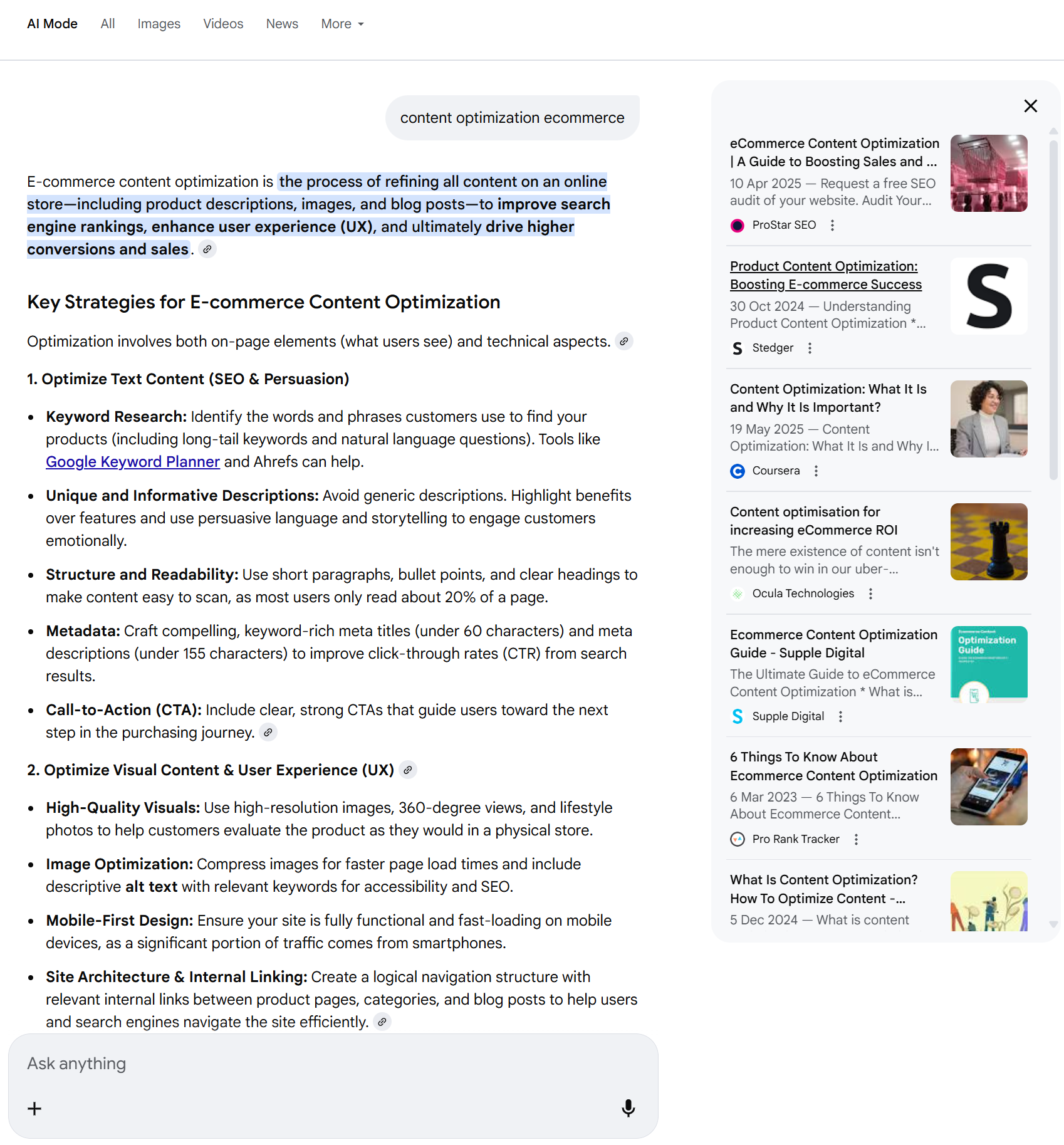 Google AI Mode v iskalniku, ki prikazuje poglobljen odgovor o optimizaciji vsebin za e-trgovino s strategijami, tehnično optimizacijo in priporočili.