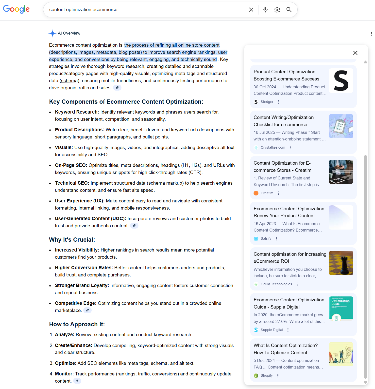 Posnetek zaslona Google iskanja z AI Overview, ki prikazuje povzetek o optimizaciji vsebin za e-trgovino, ključne strategije in povezane vire.