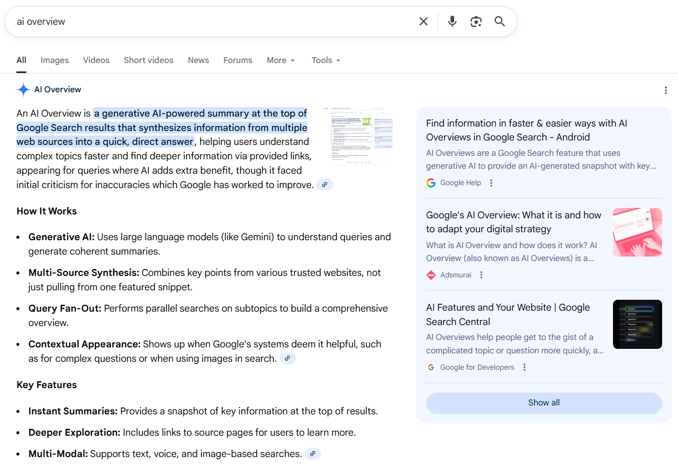 Razlaga funkcije Google AI Overview, ki opisuje uporabo generativne umetne inteligence za povzemanje informacij na vrhu rezultatov iskanja.