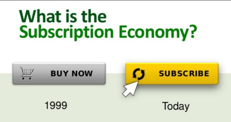 Grafična primerjava ‘Buy now’ (enkratni nakup) in ‘Subscribe’ (naročnina) z naslovom ‘What is the Subscription Economy?’. Levo je gumb ‘BUY NOW’ z letnico 1999, desno gumb ‘SUBSCRIBE’ z letnico Today, kar ponazarja prehod iz enkratnih nakupov na naročniške modele.