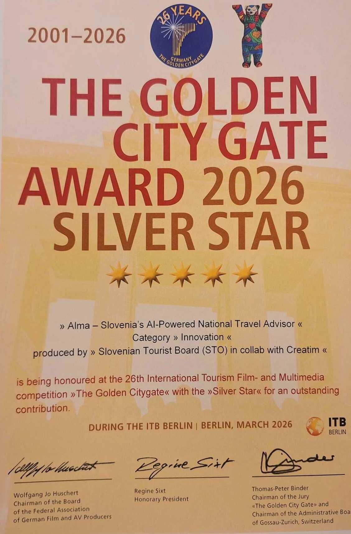Certifikat nagrade The Golden City Gate Award 2026 – Silver Star za projekt Alma, slovensko AI turistično svetovalko, razvito za Slovensko turistično organizacijo v sodelovanju s Creatimom.