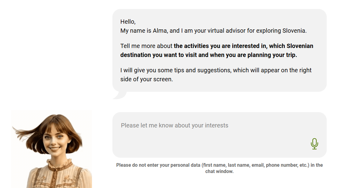 The interface of Alma, the digital travel assistant, with an example of a user asking what to do in Piran over the weekend.