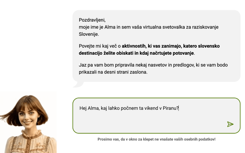 Vmesnik digitalne turistične svetovalke Alme s primerom vprašanja uporabnika o aktivnostih v Piranu za konec tedna.