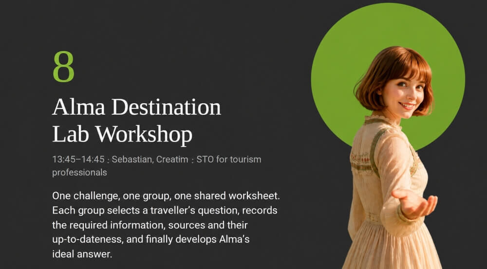 Presentation slide from the Alma Destination Lab, where participants developed ideal Alma responses to specific traveller questions.