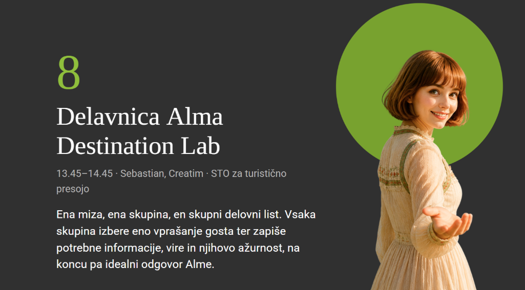 Predstavitveni diapozitiv delavnice Alma Destination Lab, na kateri so udeleženci oblikovali idealne odgovore Alme na konkretna vprašanja gostov.