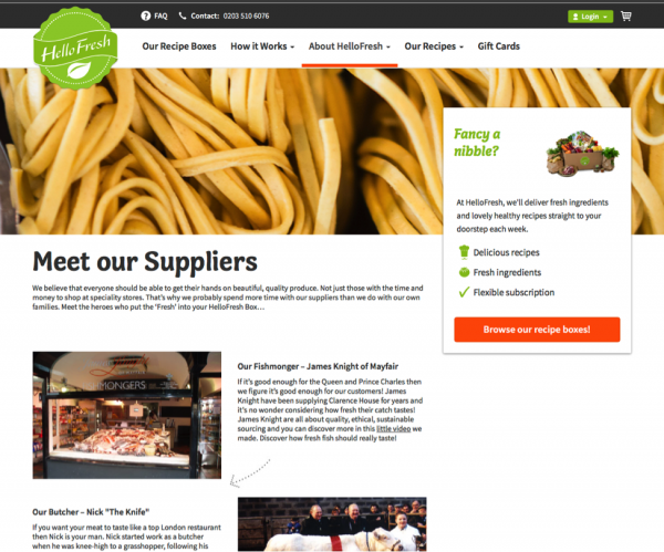 A section of the HelloFresh website titled "Meet our Suppliers," highlighting the brand's commitment to sourcing high-quality, fresh ingredients from trusted suppliers.