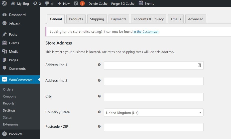 WooCommerce settings interface in WordPress, focusing on the General tab for configuring the store address, where users can input their business location, including address lines, city, country/state, and postcode/ZIP code. 