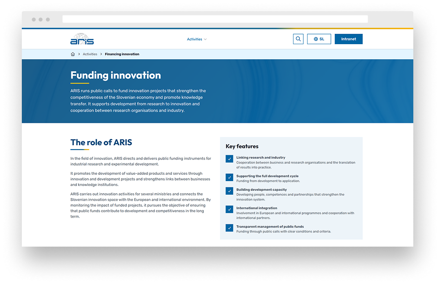 Screenshot of the ARIS “Funding innovation” webpage, featuring an overview of the agency’s role and a list of key characteristics of public innovation funding.