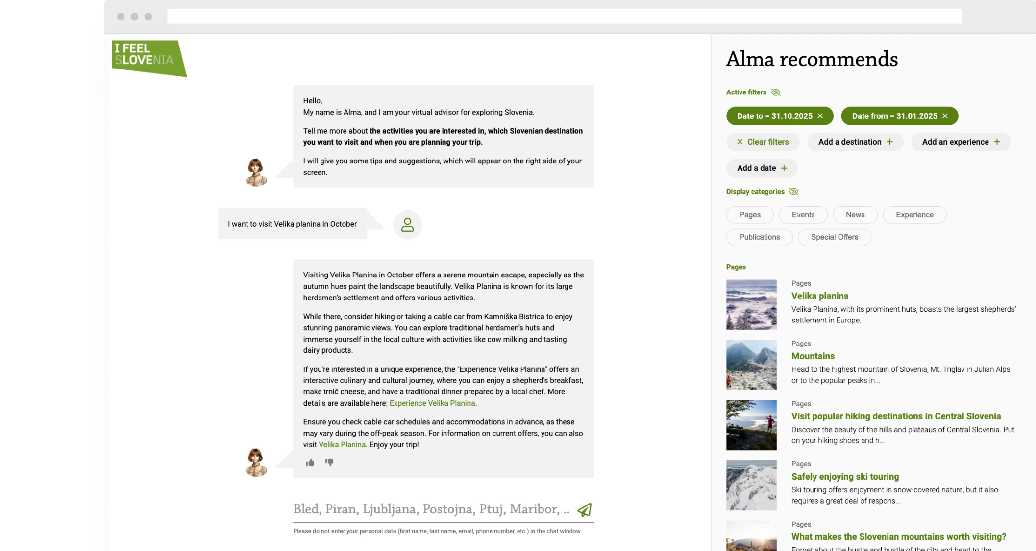 Screenshot of a virtual travel assistant interface named Alma on the "I FEEL SLOVENIA" website. The chat window shows a conversation where a user mentions wanting to visit Velika Planina in October. Alma responds with a detailed travel suggestion highlighting seasonal beauty, activities like hiking and cultural experiences, and practical tips. On the right, a recommendation panel titled "Alma recommends" displays filters for date and categories, along with a list of related travel pages such as Velika planina, Mountains, and hiking destinations.