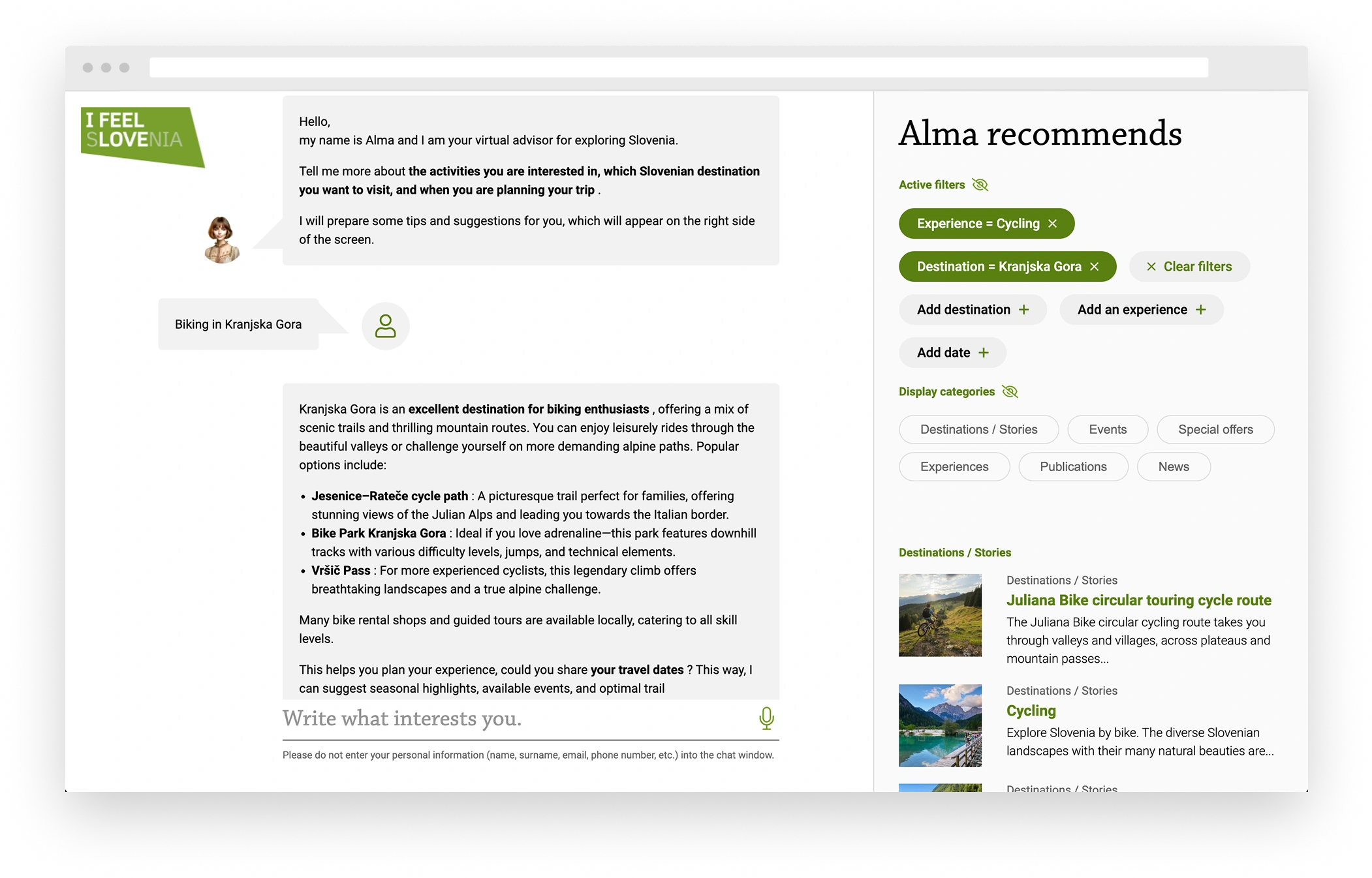 I Feel Slovenia virtual advisor Alma recommending biking in Kranjska Gora with details about cycle paths, bike parks, and alpine routes, plus travel tips and destination filters.