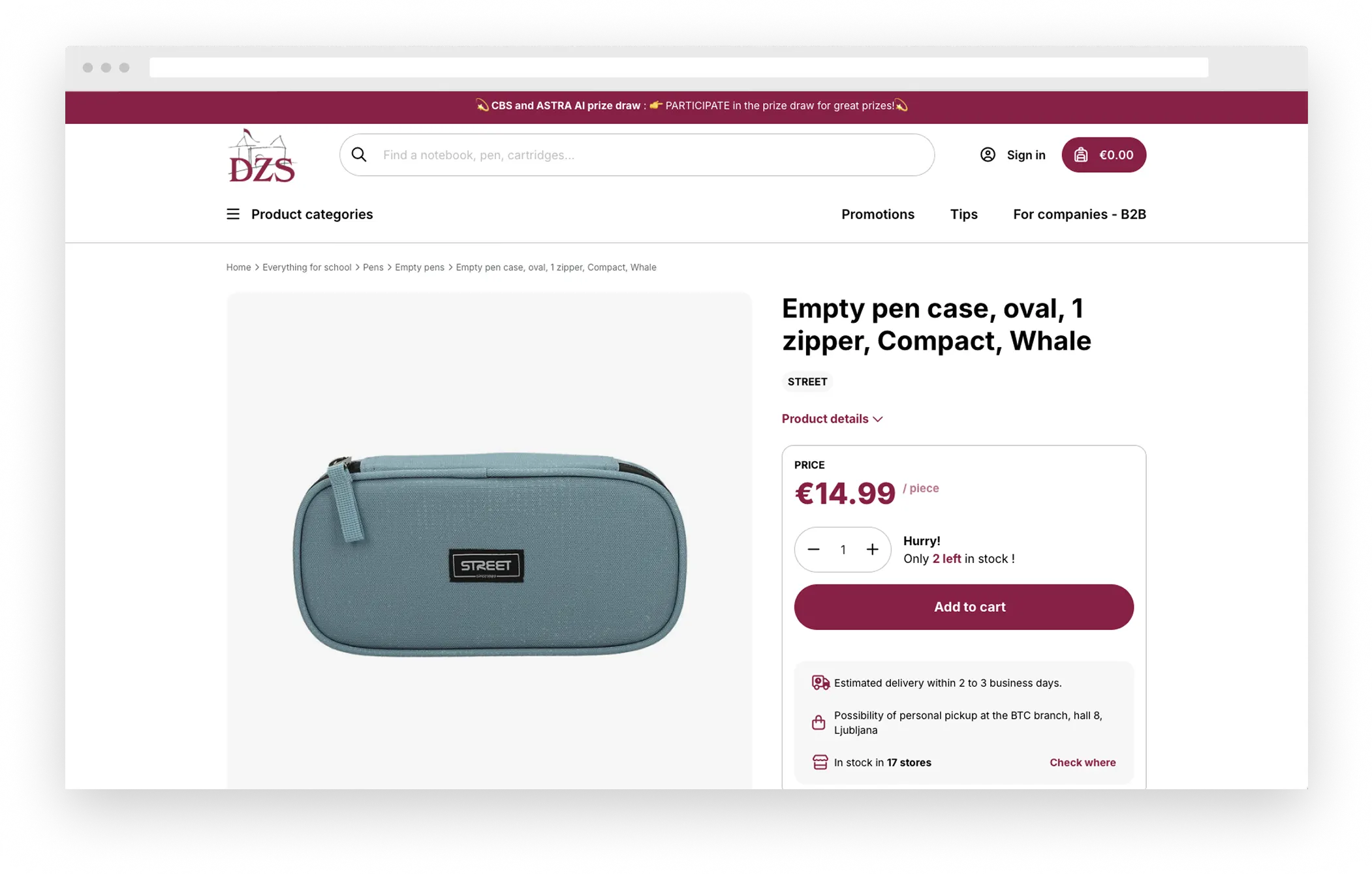 DZS product page featuring empty oval pen case with one zipper, compact size, Whale color, priced at €14.99 with stock availability details.