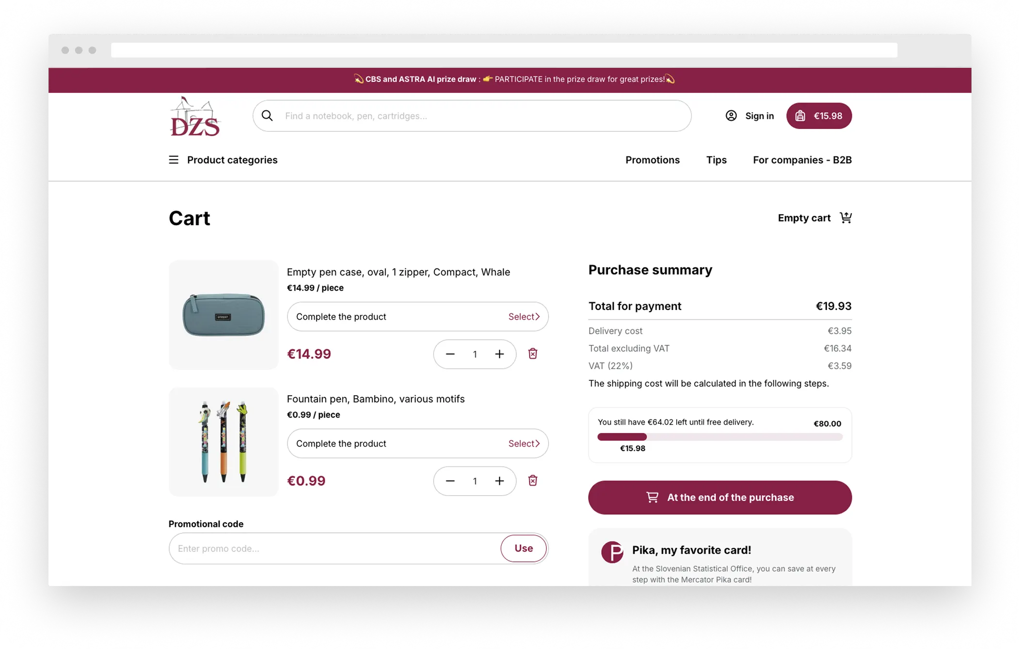 DZS online shop cart page showing empty pen case priced at €14.99 and fountain pens for €0.99, with purchase summary totaling €19.93.