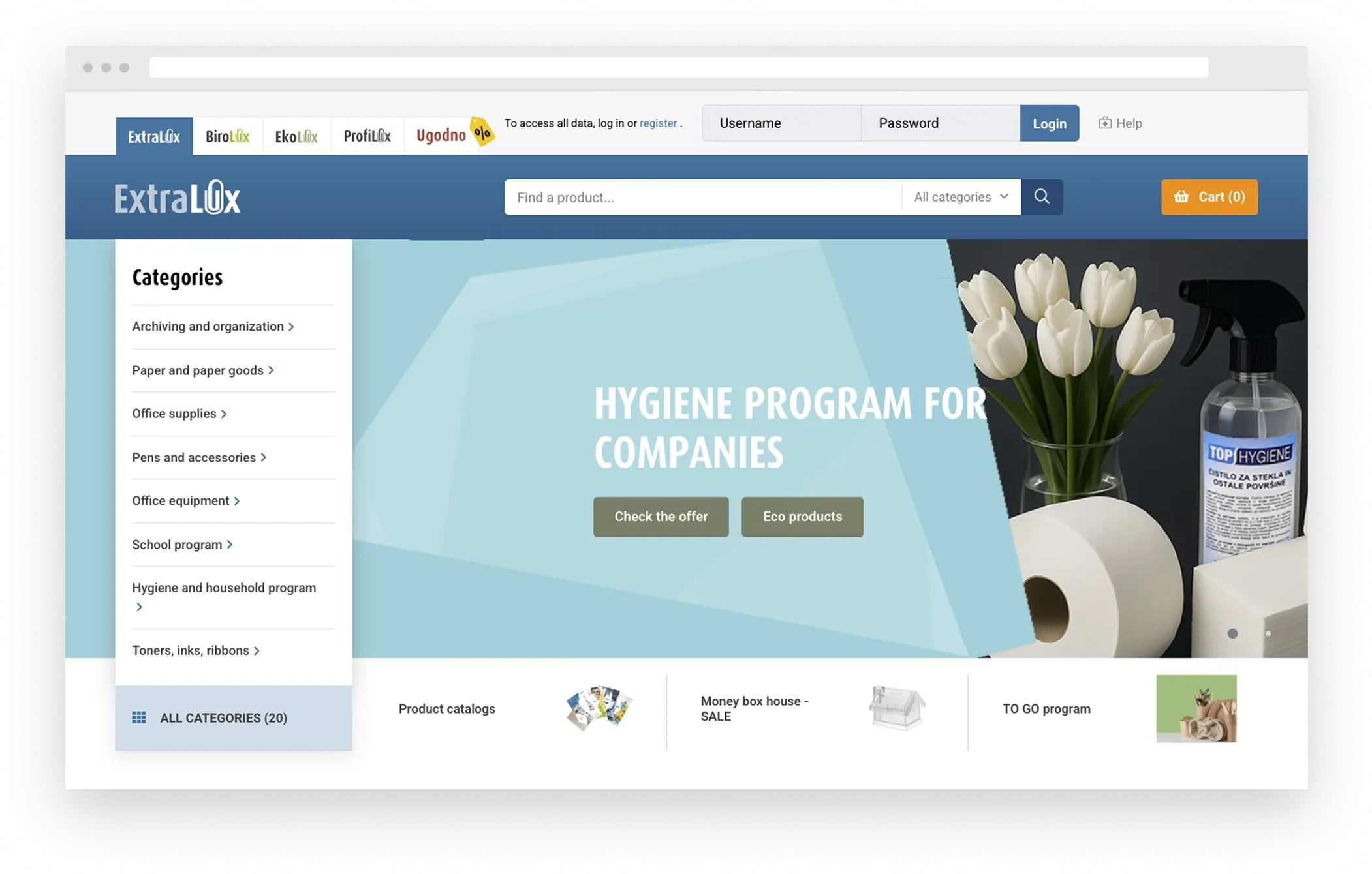 Extralux homepage featuring hygiene program for companies with cleaning products, paper towels, and eco product options.