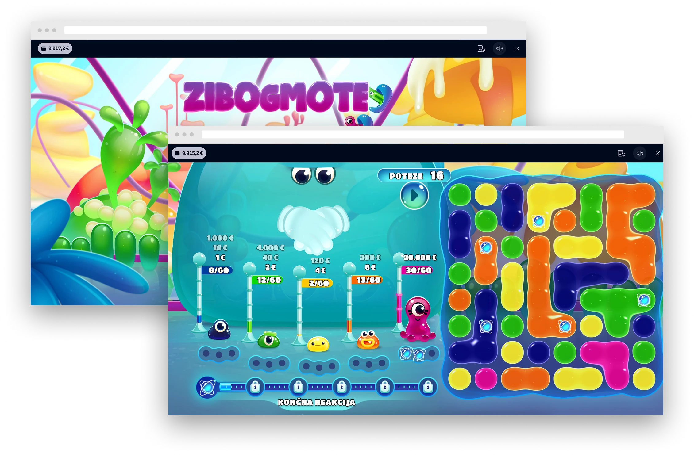 Gameplay of Zibogmote e-lottery game showing colorful puzzle board and potential winnings up to €20,000.