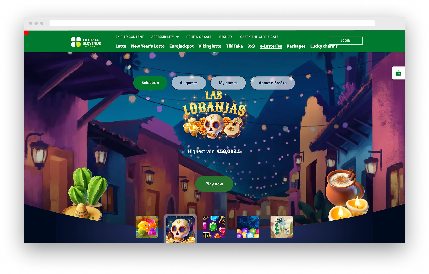 Loterija Slovenije e-lottery game Las Lobanjas with colorful street-themed background and highest win of €50,002.5.