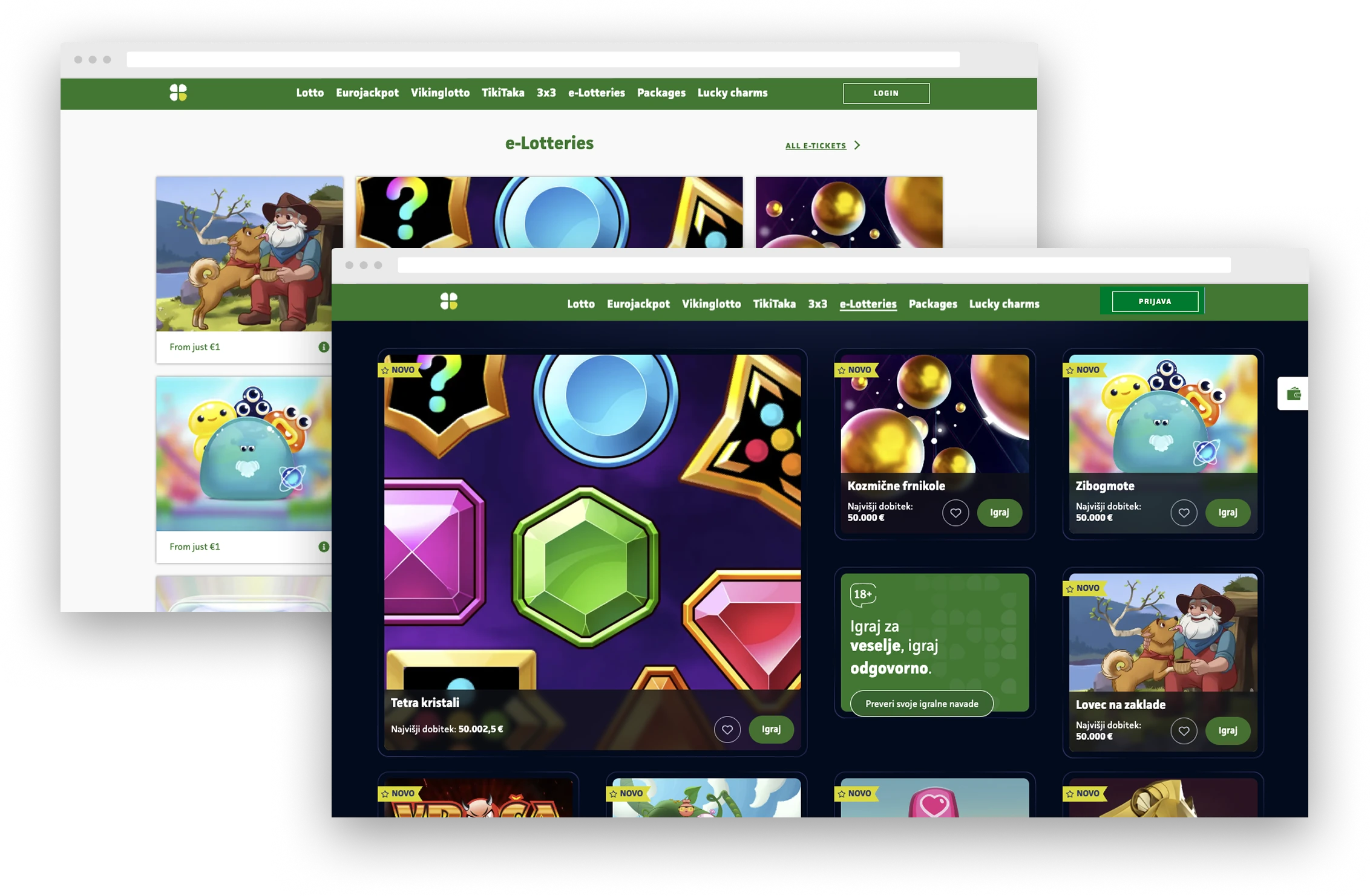 Overview of Loterija Slovenije e-lotteries featuring various online scratch games such as Tetra Crystals and Zibogmote with winnings up to €50,000