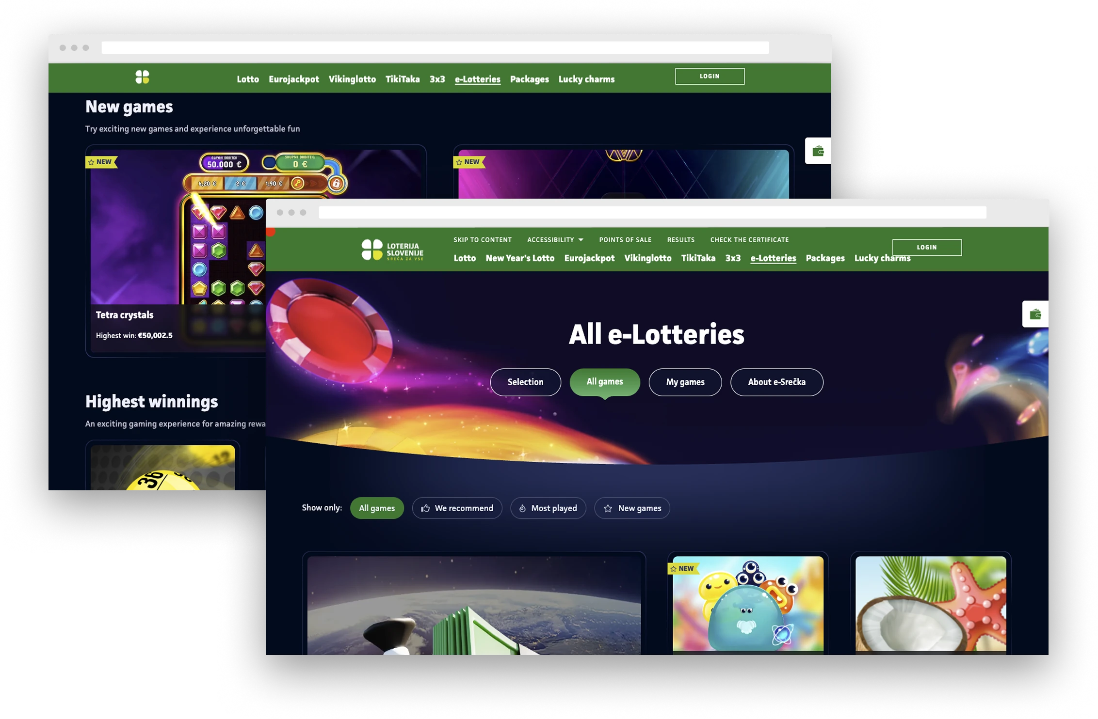 Homepage of Loterija Slovenije website showing new e-lottery games including Tetra Crystals with highest win of €50,002.5.