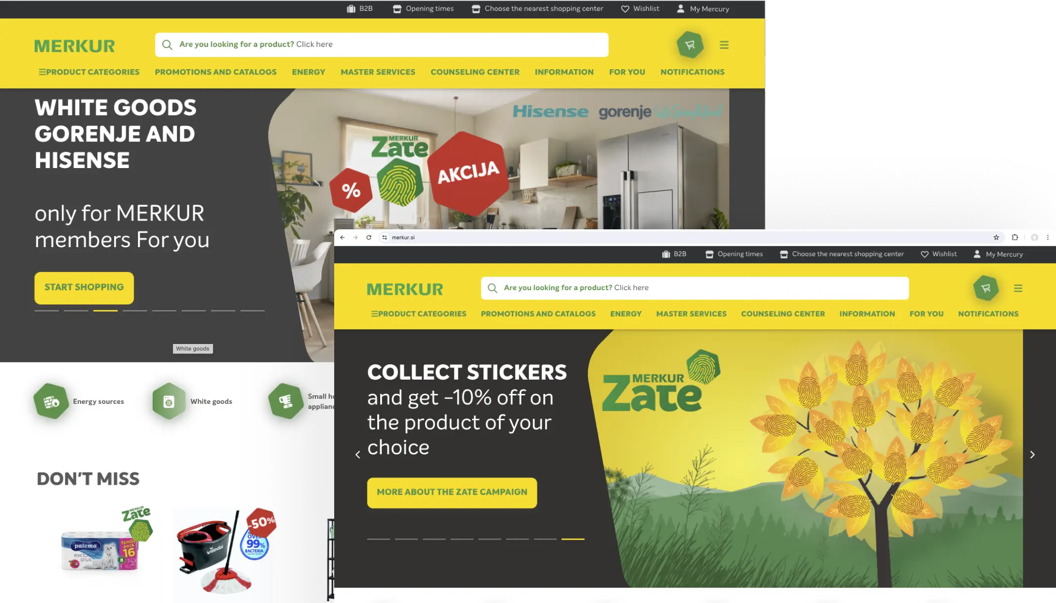 Merkur online store homepage promoting discounts on white goods, Hisense and Gorenje appliances, and the Zate sticker campaign with 10% off offers.