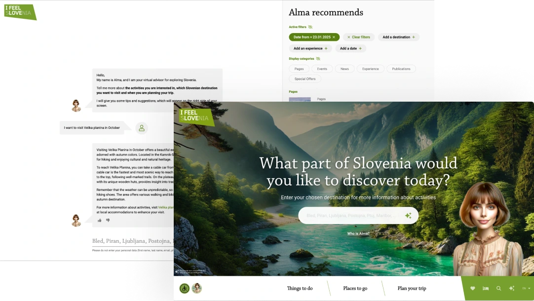A graphic showing a website of Slovenian Tourist Board. The foxus is on Alma, AI assistant.