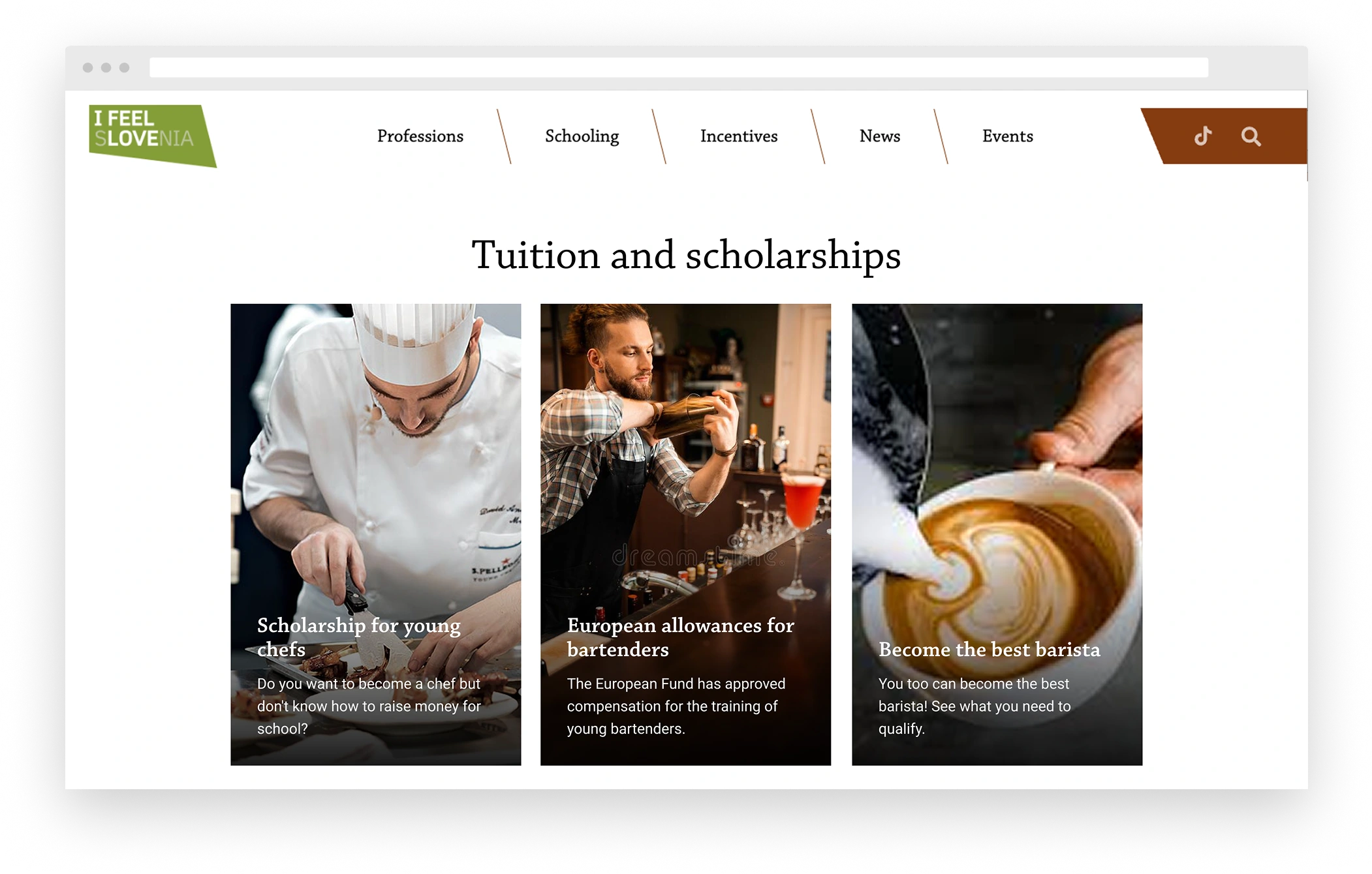 I Feel Slovenia website section on tuition and scholarships showing opportunities for young chefs, bartenders, and baristas with training support.
