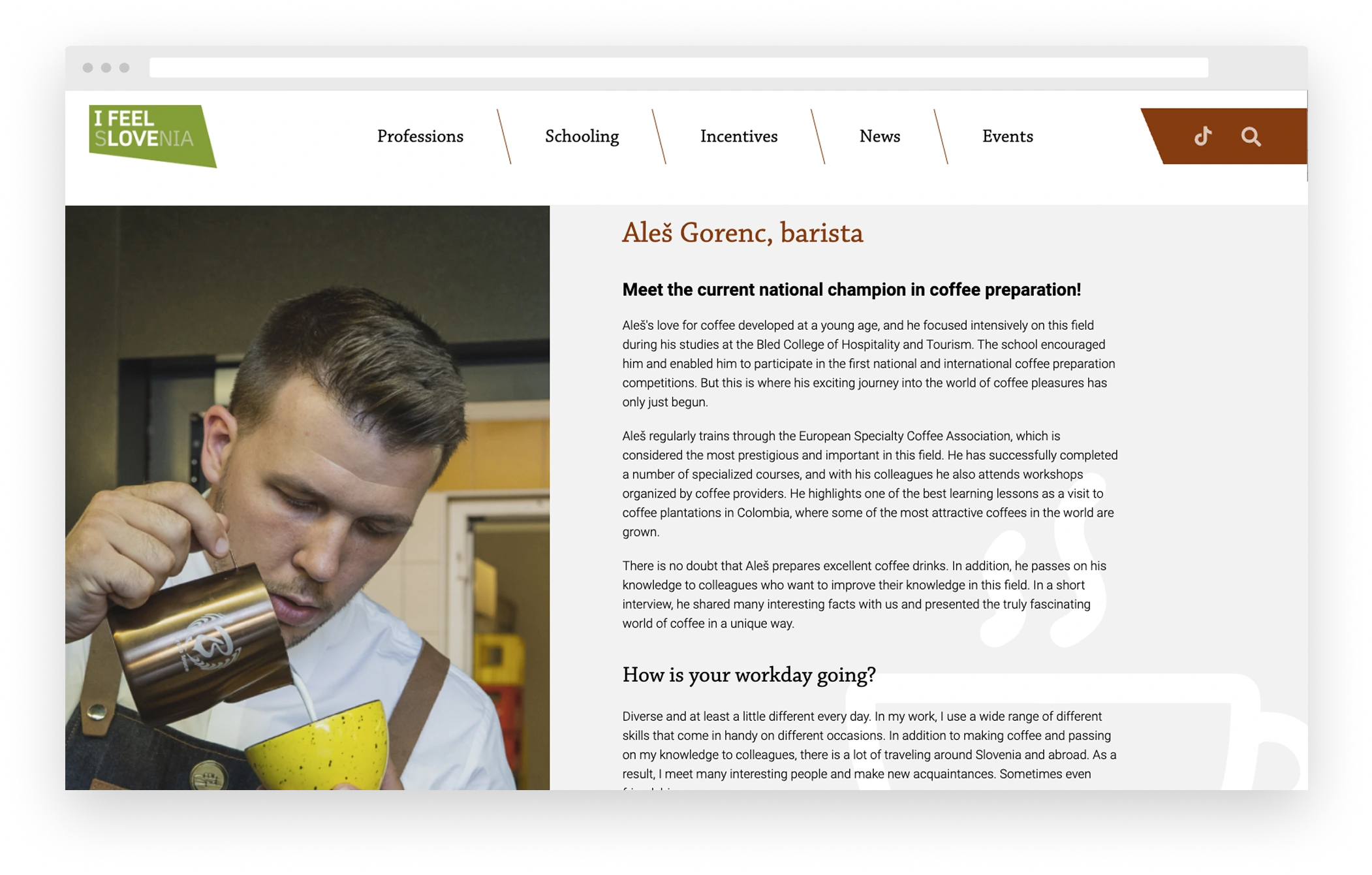 I Feel Slovenia webpage featuring Aleš Gorenc, barista and national champion in coffee preparation, with story about his training and career.