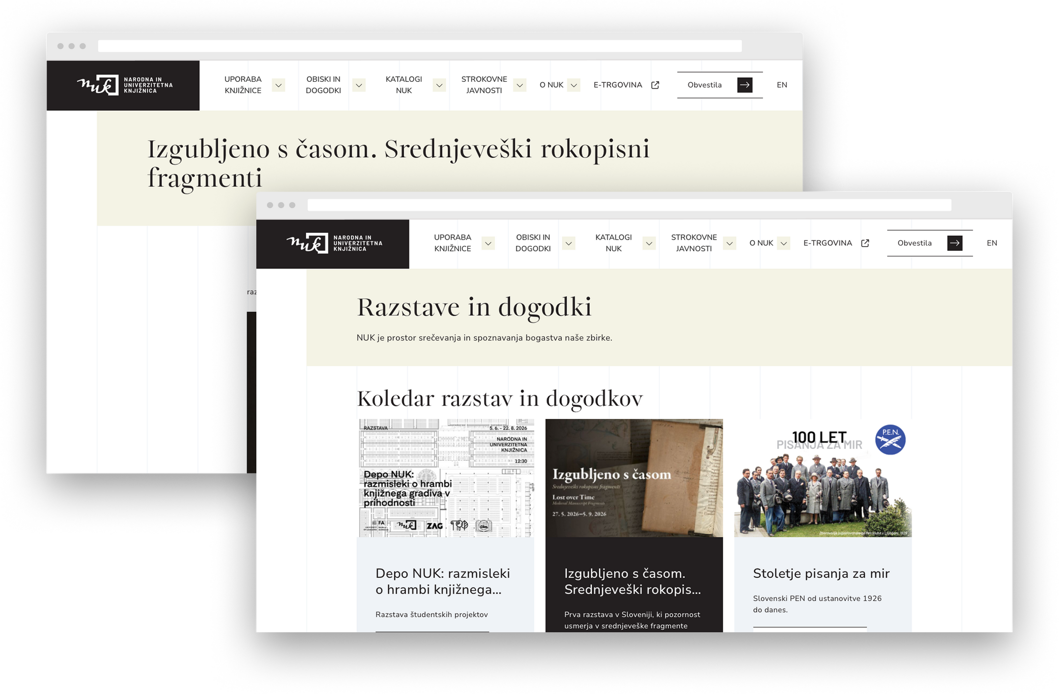 Prenovljene strani NUK za razstave in dogodke z izpostavljeno razstavo ter koledarjem aktualnih dogodkov.
