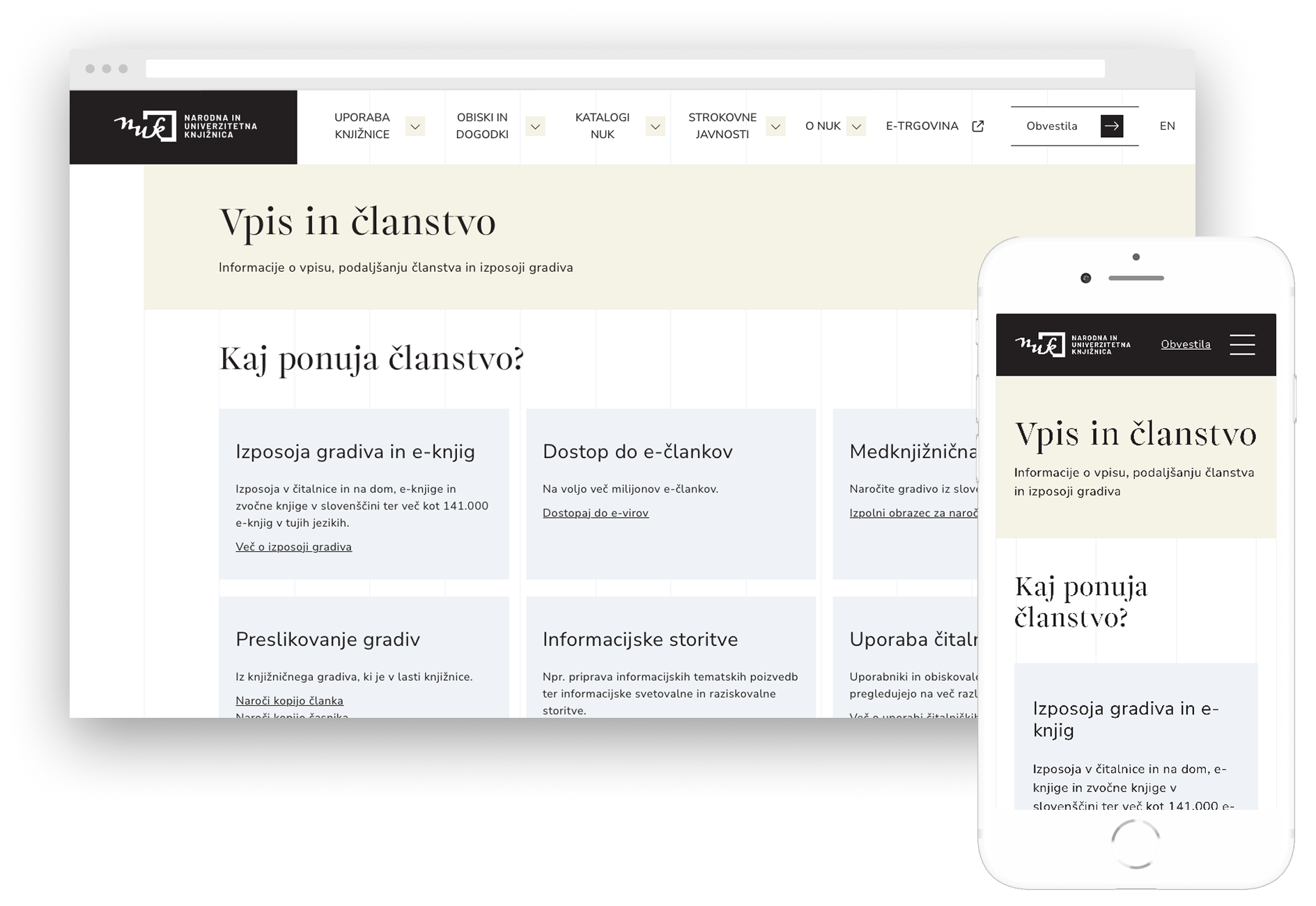 Stran NUK za vpis in članstvo na namiznem in mobilnem zaslonu z informacijami o storitvah za člane.