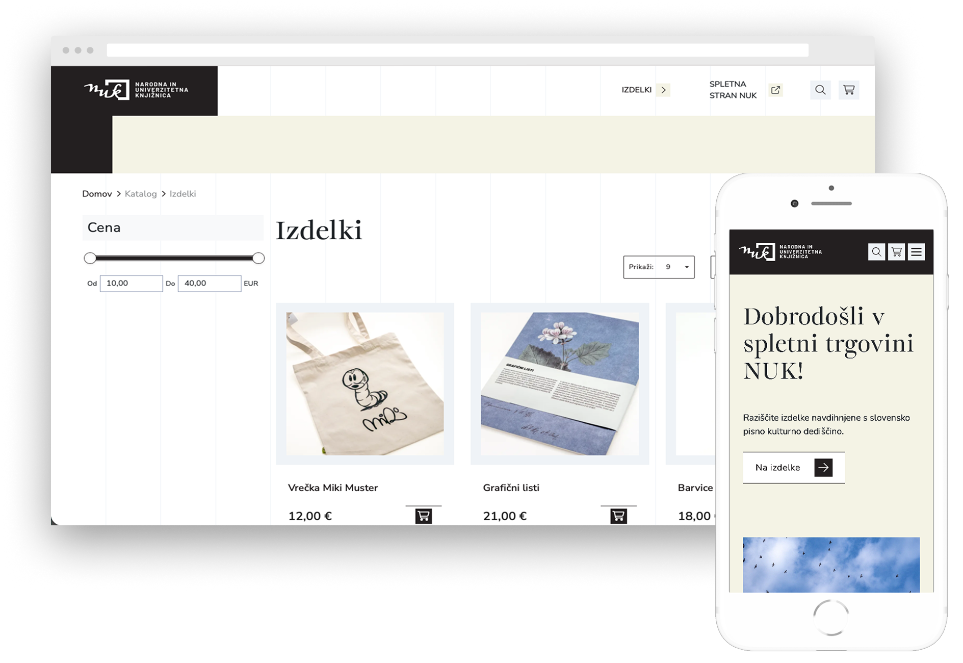 Prenovljena spletna trgovina NUK na namiznem in mobilnem zaslonu z izdelki, filtri in nakupovalnimi funkcijami.
