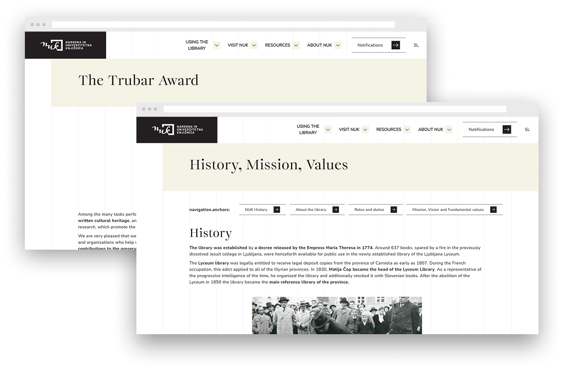 English-language NUK pages presenting the Trubar Award and the library’s history, mission, and values.